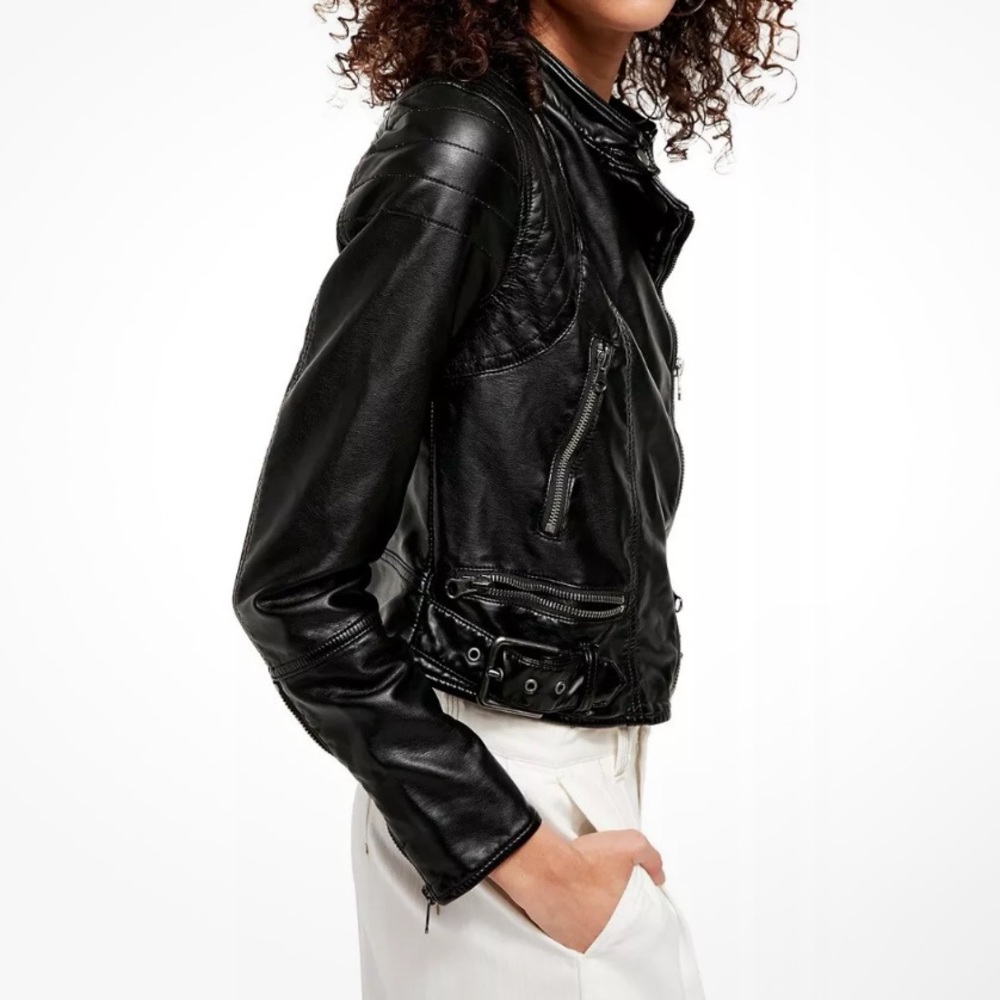 We The Free People Black Fenix Faux Leather Moto ZIP UP Jacket Sz. M - Picture 2 of 9